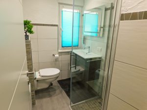 Bad - man sieht eine Toilette, ein Waschbecken mit einem großem Spiegel darüber sowie eine Dusche.