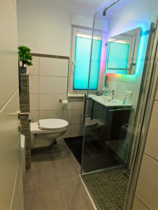 Bad - man sieht eine Toilette, ein Waschbecken mit einem großem Spiegel darüber sowie eine Dusche. Der Spiegel ist mit bunten Lichtern beleuchtet.