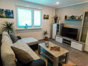 Im Vordergrund ist ein Sofa und ein Wohnzimmertisch zu sehen und im Hintergrund eine Wohnzimmerwand mit Vitrine und Fernseher, 